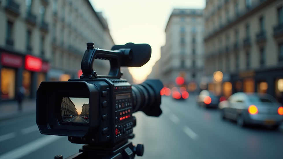Eye-level view of a professional video camera filming a cityscape
