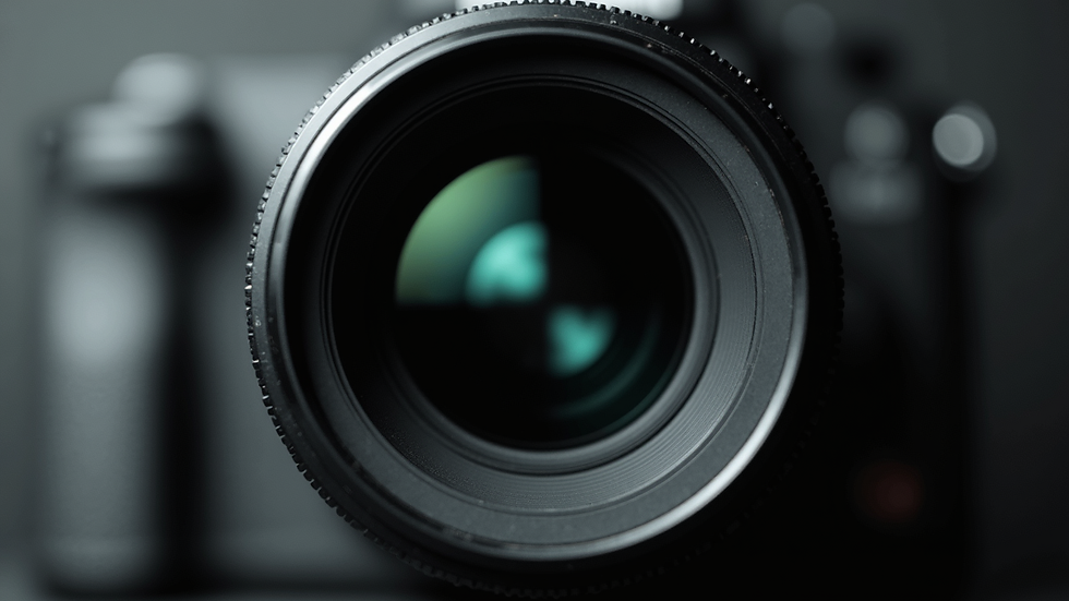 Close-up view of a high-end camera lens focused on a creative shoot