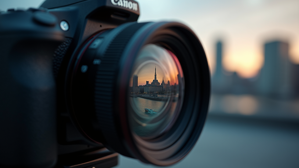 Close-up view of a cinematic camera lens focused on a cityscape