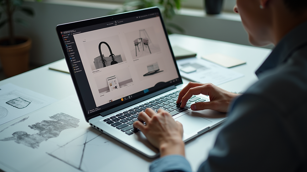 Eye-level view of a designer working on a laptop with branding sketches