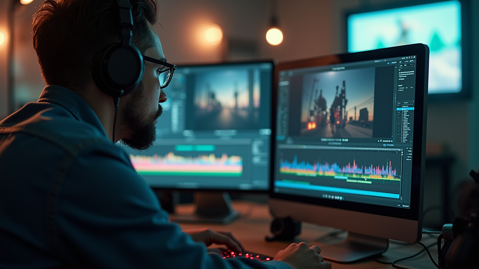 Close-up view of a video editor working on cinematic footage