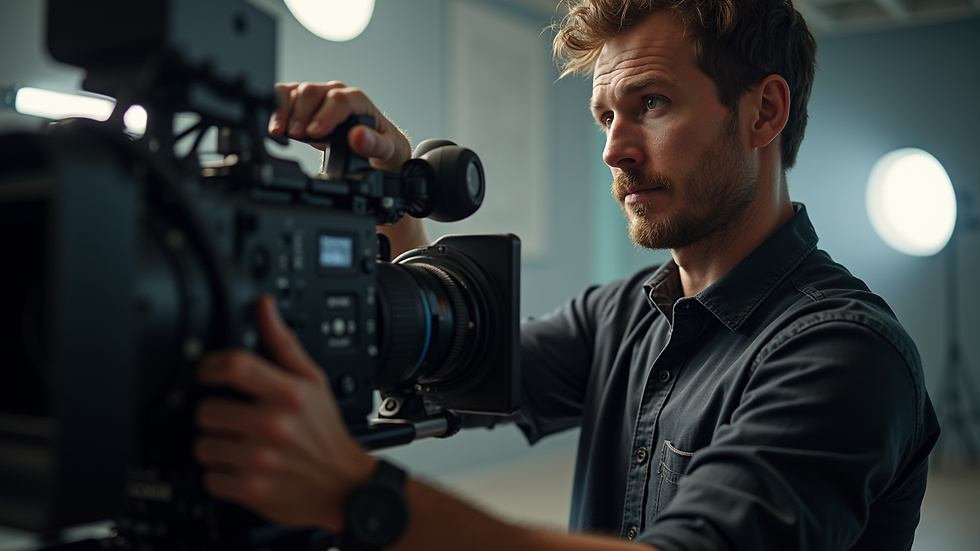 Close-up view of a film director adjusting camera settings on set