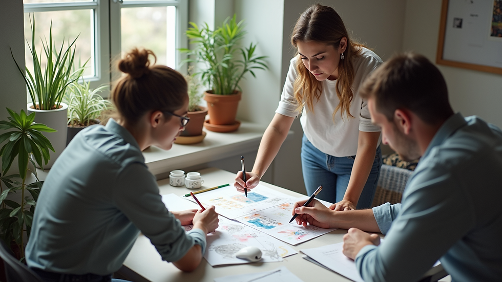 High angle view of a creative team collaborating in a bright studio