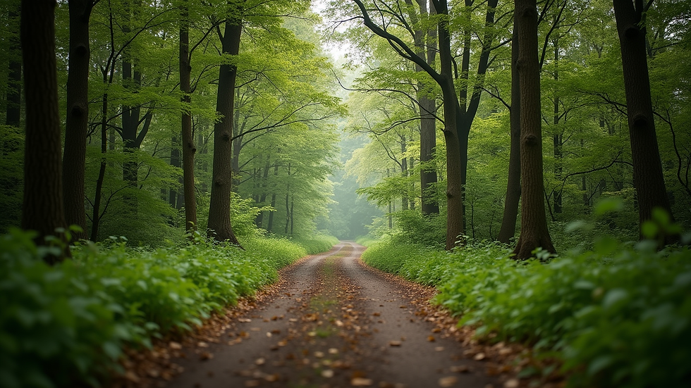 Eye-level view of a serene forest path leading to a tranquil clearing