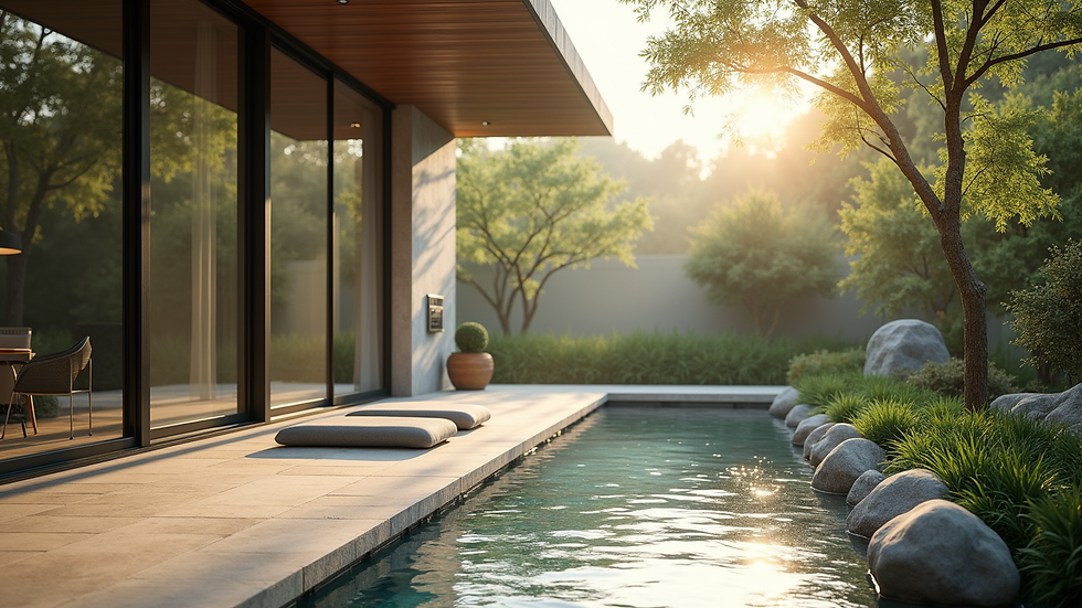 Wide angle view of a peaceful outdoor space for relaxation and meditation