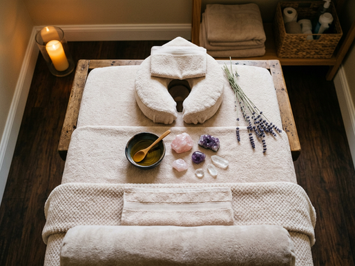 Masažni stol pripremljen za SlowFlow ritual: zdjela toplog ulja, kristali, lavanda i čisti ručnici
