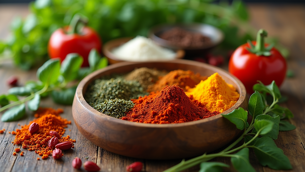 High angle view of fresh herbs and spices for Kitchari