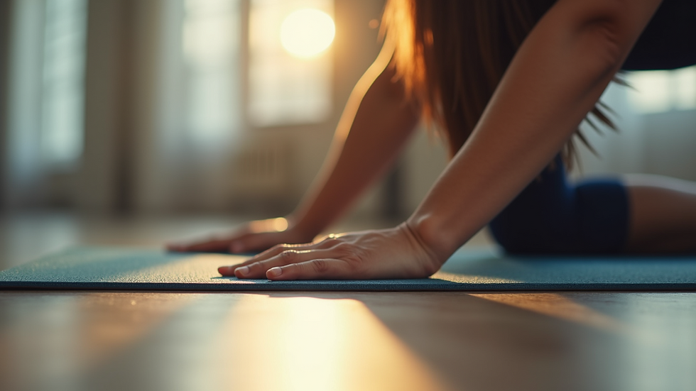 Close-up view of a person stretching on a yoga mat