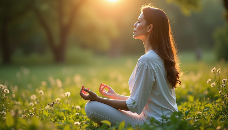 Bliski kadar žene koja meditira u prirodi, okružena zelenilom