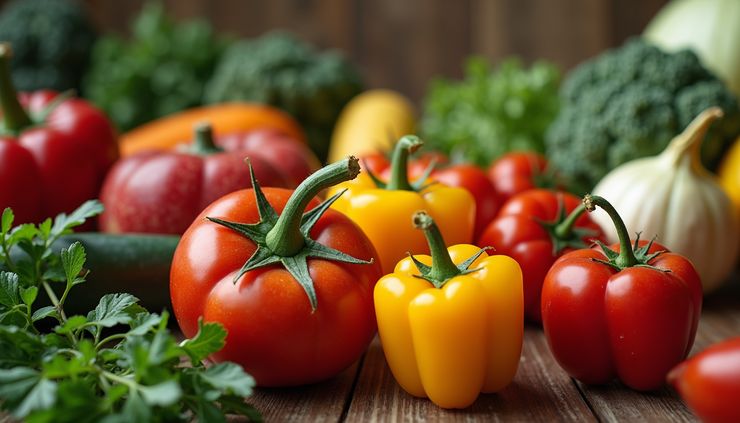 Pogled iz ptičje perspektive na svježe voće i povrće na drvenom stolu