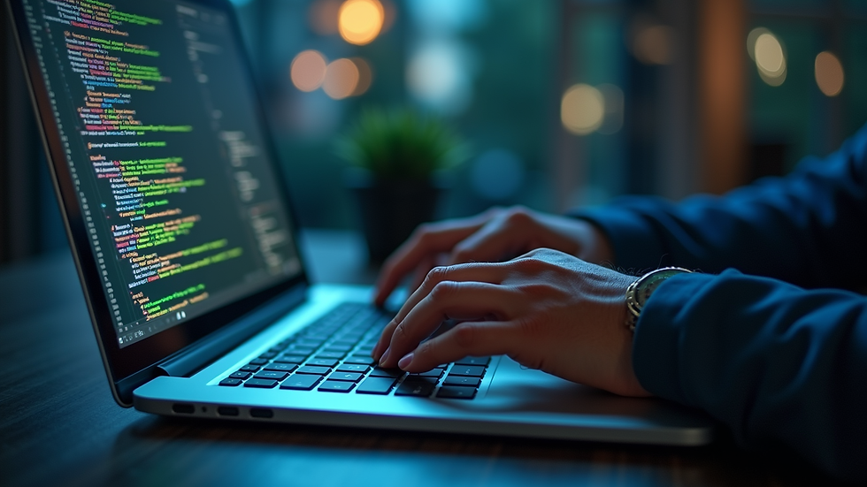 Close-up view of a professional working on a laptop with cybersecurity code on screen