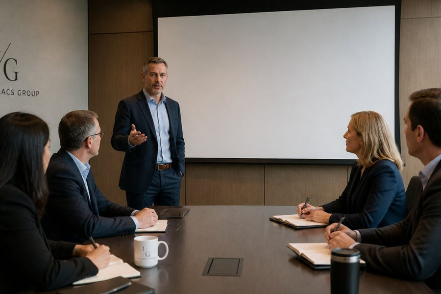 CISO presenting a cyber risk to board summary on a screen to executives in a modern conference room meeting.