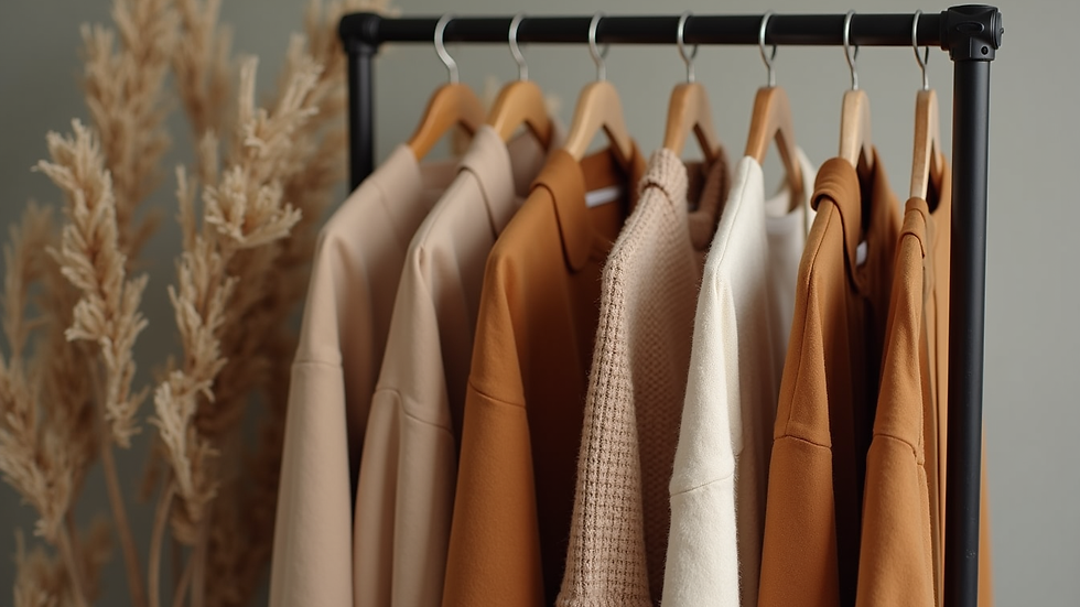 Close-up view of a sustainable clothing rack with earth-tone garments