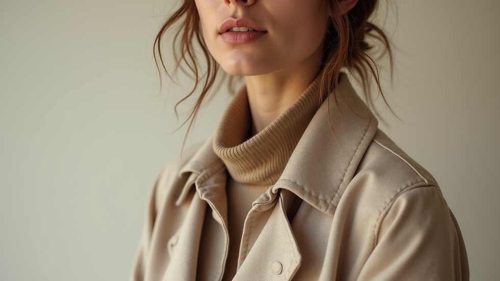 Close-up view of a capsule wardrobe outfit with layered neutral clothing and accessories
