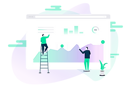Two animated people looking over digital analytics to understand the benefits of a Content Marketing strategy. Content is a crucial part of Digital Marketing, creating unique and creative content will help businesses get found online.