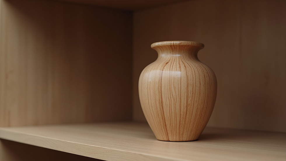 Close-up view of a simple wooden urn on a shelf