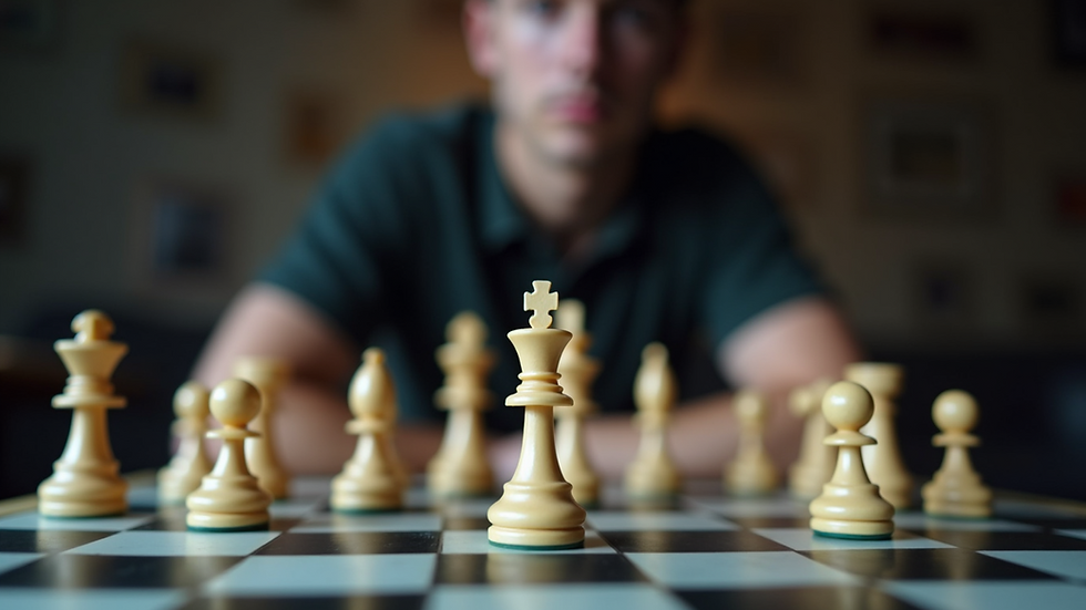 Eye-level view of a chessboard with a player considering a tactical move