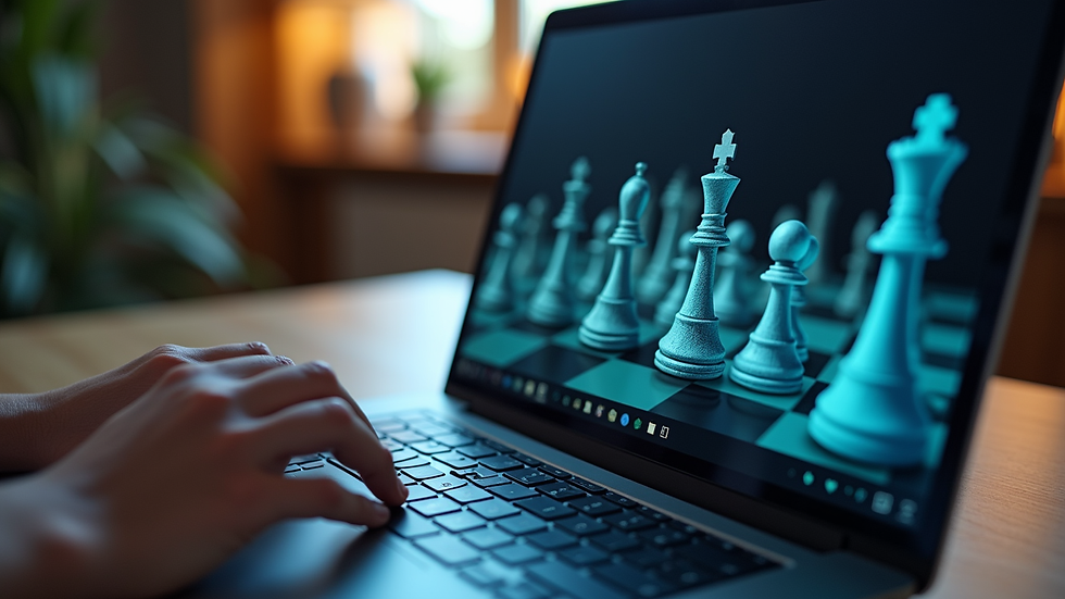 Close-up view of a laptop screen showing a digital chessboard during an online coaching session