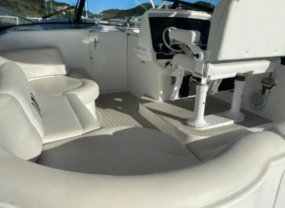 Comfortable deck lounge seating aboard the Intrepid 47 sport boat rental.
