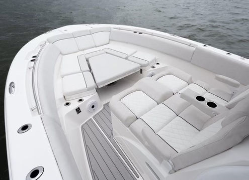 Top-down view of the bow lounge seating on the Sea Fox 36 boat charter.