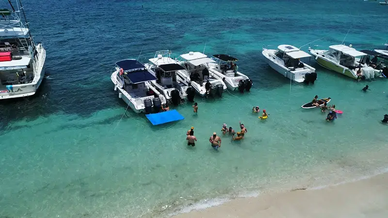 Aerial view of the Sailfish Grady White 28 charter boat anchored at a sandbar party in Puerto Rico.