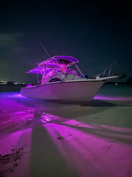 Purple underwater LED lighting on the Sailfish Grady White 28 sport boat at night.