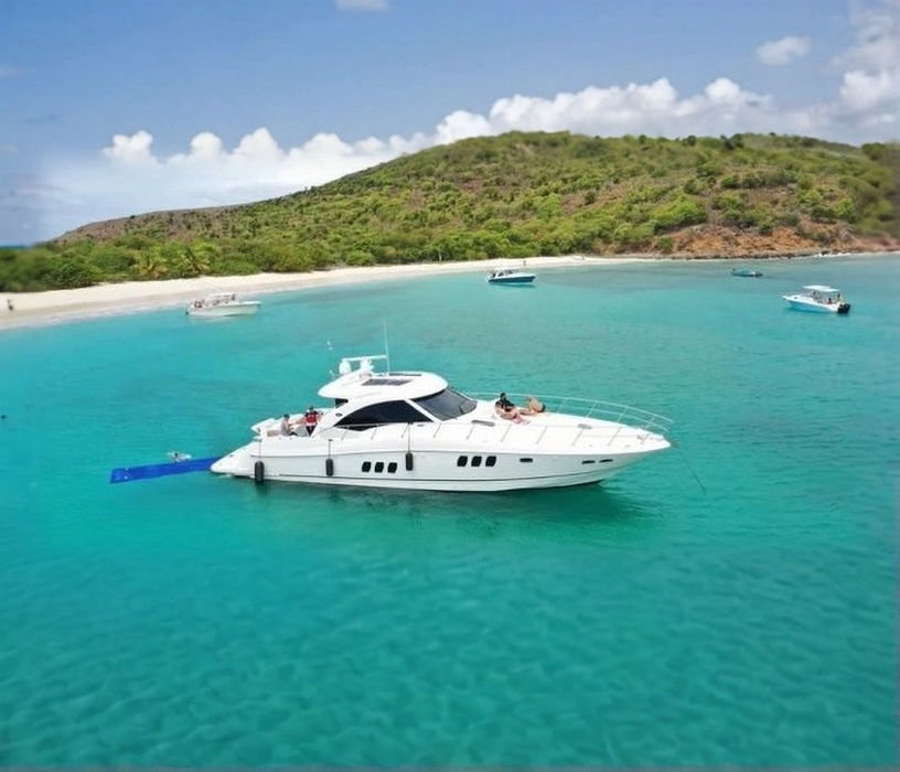 Ivy I Sea Ray 60 foot luxury yacht charter anchored near a tropical cove in Puerto Rico.