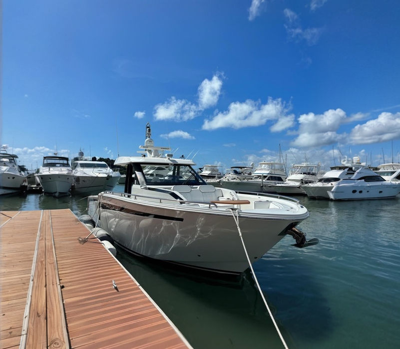 Ocean Alexander 43 foot luxury yacht charter docked at the marina in Puerto Rico.