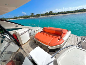 Aft deck seating on the Azimut 60 luxury boat tour near Palomino Island.