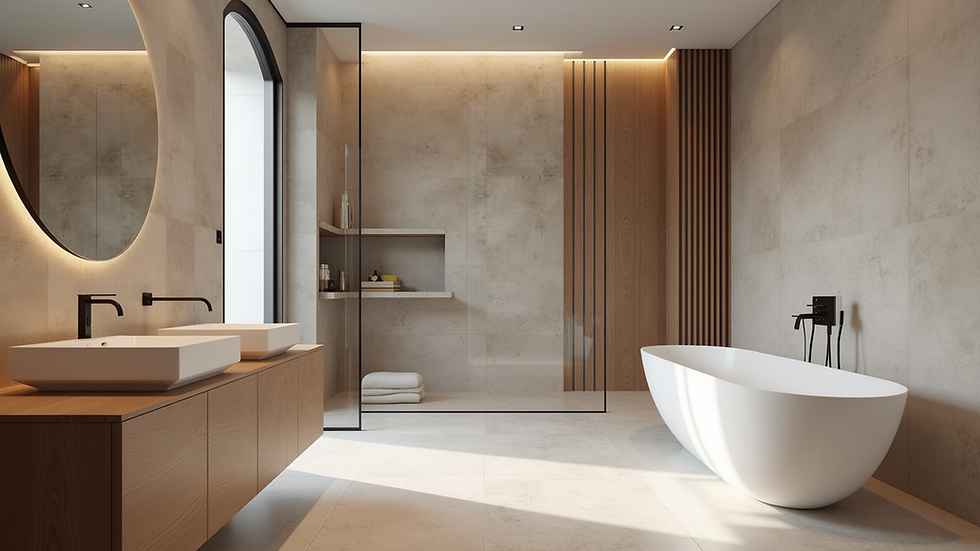 Eye-level view of a luxury bathroom featuring bespoke stone tiles