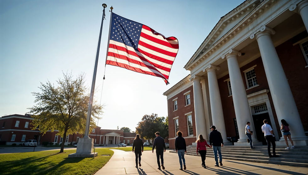 People walk towards a building with columns, under a large American flag waving in the sunshine. Trees line the pathway, creating a serene mood.