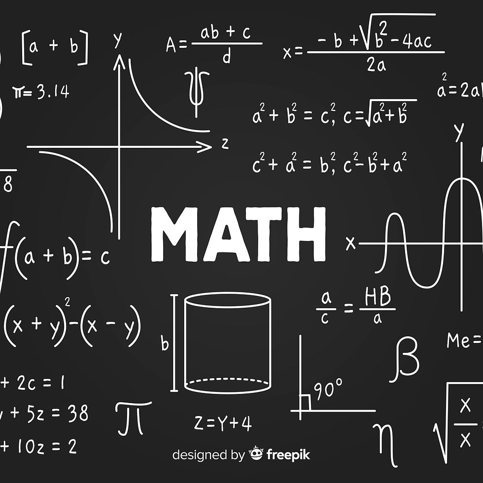 Math chalkboard collage with formulas, graphs, symbols, cylinder sketch, and large MATH text on a dark background.