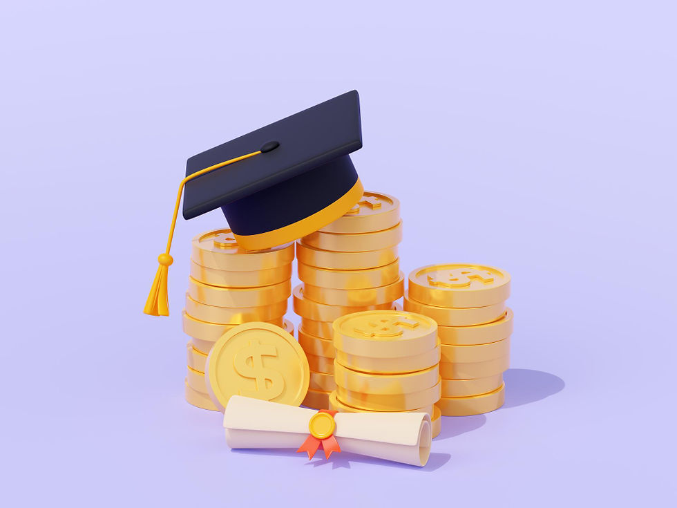 Graduation cap on stacks of gold coins with a diploma, set against a light purple background. Symbolizes education and financial success.