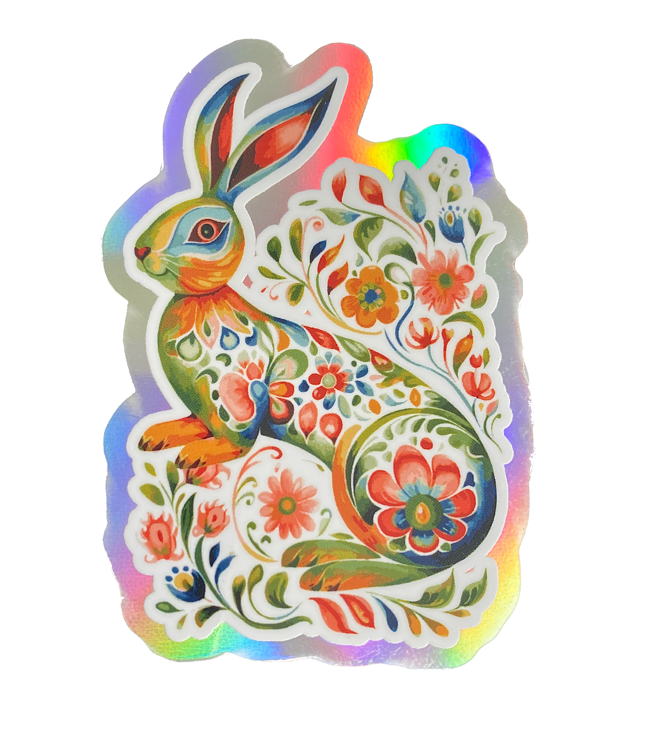 Summer Rabbit Rosemaling Holographic Sticker