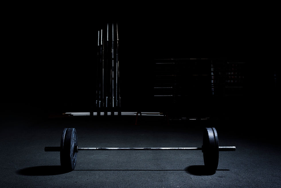 Barbell on gym floor. Weigh lifting. Ben