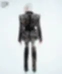 Fashion-forward model with platinum blonde hair, styled by Stil-ch – Hair Coloring & Fashion Styling Berlin – wearing a bold leopard print blazer and thigh-high boots by Dolce & Gabbana, combined with patterned tights and statement accessories, posing against a minimalist white background.