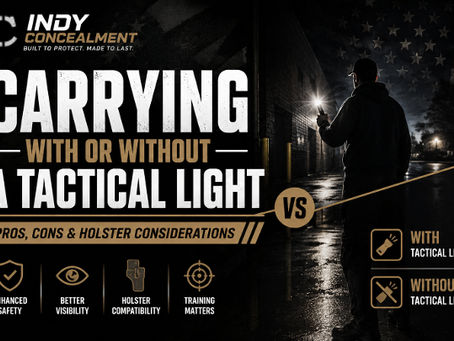 An image of a man shining a light in a dark area with test that says Carrying with or without a tactical light.