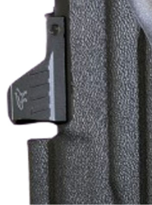 Close-up view of the precise optic cut on a Kydex holster, showcasing durable craftsmanship for enhanced firearm accessory compatibility.