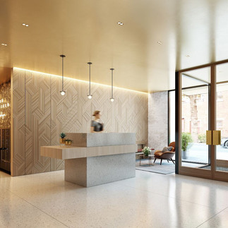 Modern lobby with a concierge desk and textured wood paneling at Six Garfield Place Condominiums, Brooklyn