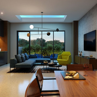 Modern living room with a sectional sofa, a bright green accent chair, and large windows at Six Garfield Place Condominiums, Brooklyn