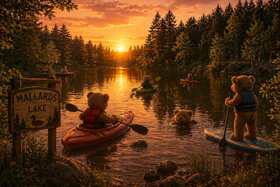 Background image of Teddy bears paddle boarding and swimming and Mallards Pike Lake.