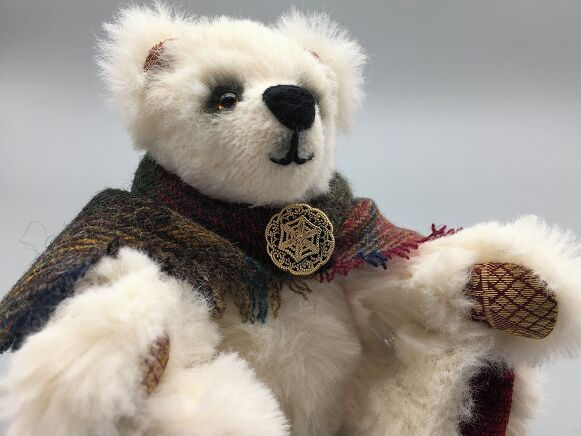 White memory bear with plaid scarf