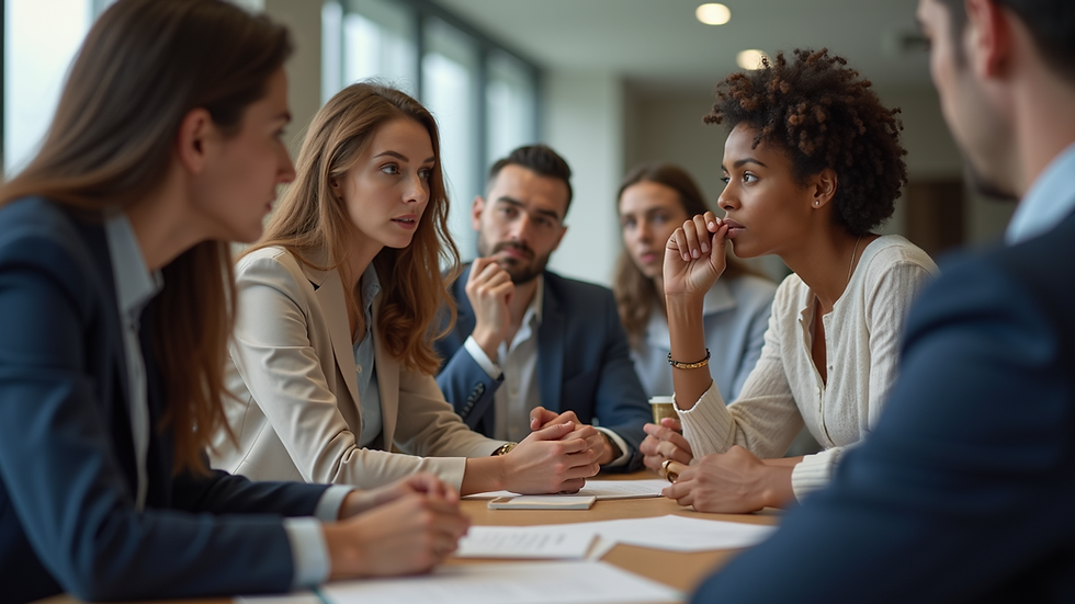 Eye-level view of a diverse group of people engaged in a thoughtful discussion