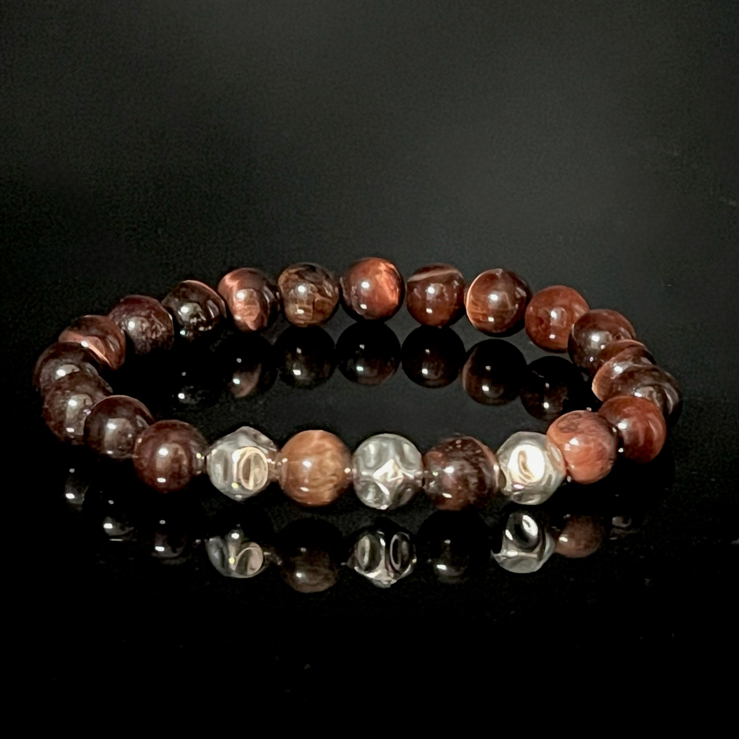 Rode tijgeroog rond 8mm met sterling zilver nuggets