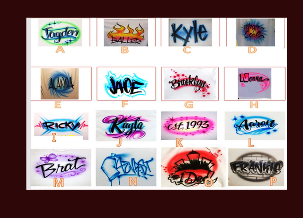 Display of airbrush lettering and name design choices for backstage guests