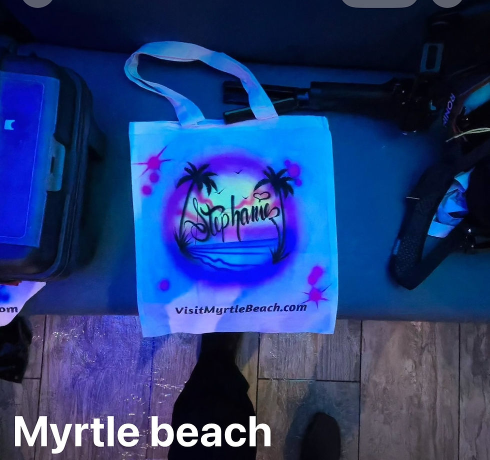 Custom tote bag with Stephanie lettering, palm trees and a beach sunset