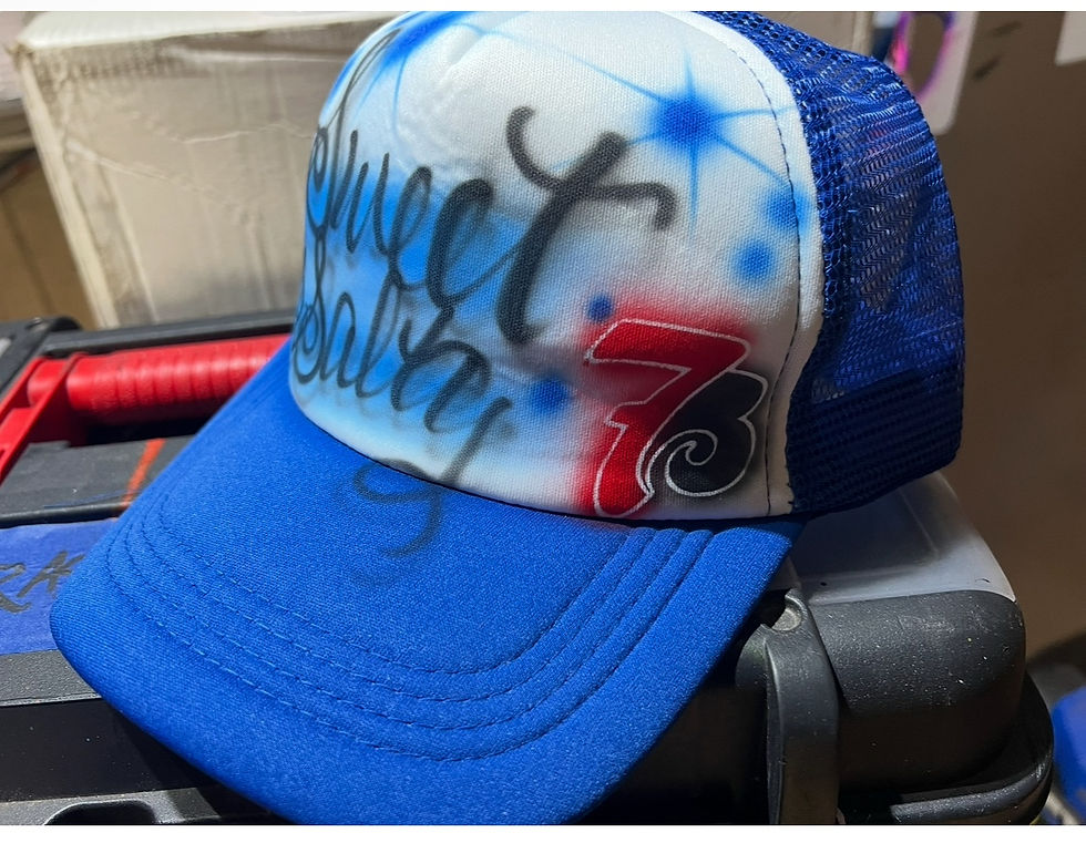 Blue and white trucker hat with custom lettering, stars and 7 Brew artwork for the Nashville corporate event