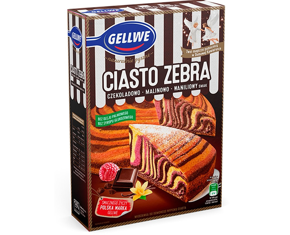 Gellwe Ciasto Zebra cake mix box with chocolate and raspberry flavors