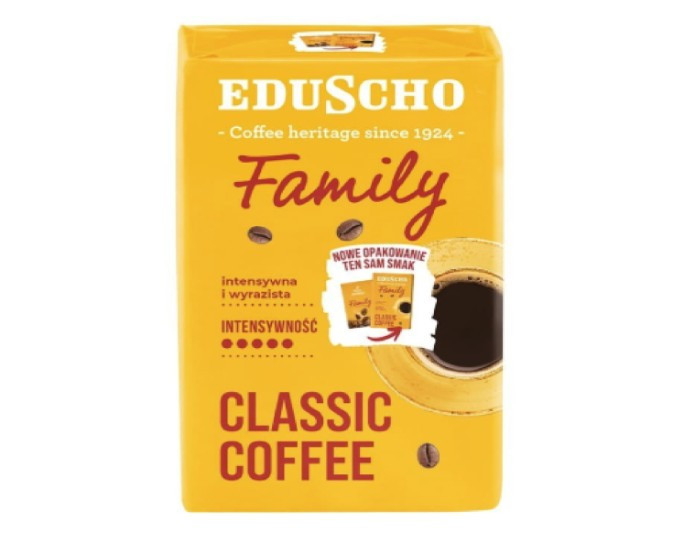 Yellow EDUSCHO Family Classic Coffee package with intensity details, coffee beans, and text.