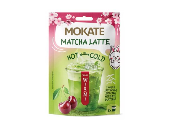Mokate Matcha Latte: Hot or Cold drink in a package with cherry.